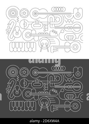 Grafische Darstellung von Musikinstrumenten. Line Art Silhouetten isoliert auf einem weißen und auf einem dunkelgrauen Hintergrund. Gitarren, Trompeten, Saxophon, Saxophon, d Stock Vektor