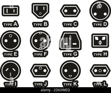 Elektrischer Stecker Typ Icons Weiß Auf Schwarz Sticker Set Groß Stock Vektor