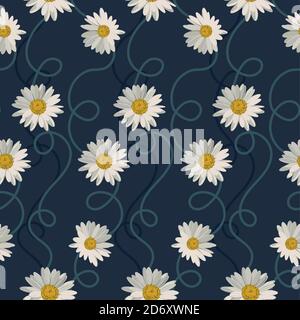 Nahtloses Muster mit weißen Gänseblümchen auf blauem Hintergrund. Vektorgrafik Stock Vektor