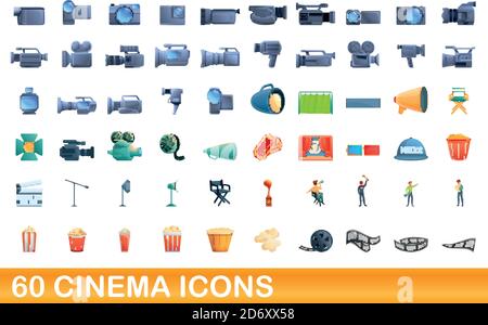 60 Kinosymbole eingestellt. Cartoon-Illustration von 60 Kino-Symbole Vektor auf weißem Hintergrund isoliert gesetzt Stock Vektor