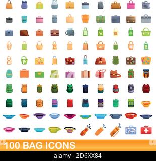 Set mit 100 Beutelsymbolen. Cartoon Illustration von 100 Tasche Symbole Vektor-Set isoliert auf weißem Hintergrund Stock Vektor