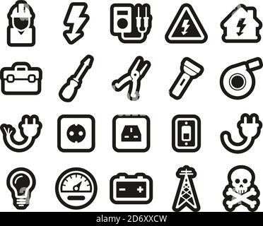 Elektriker Werkzeuge & Ausrüstung Icons Weiß Auf Schwarz Sticker Set Groß Stock Vektor