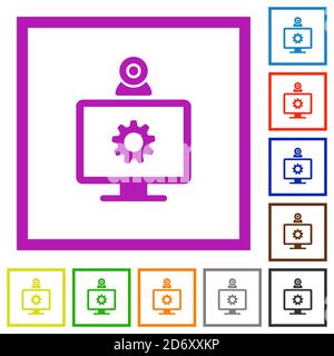Webcam-Einstellungen flache Farbsymbole in quadratischen Rahmen auf Weiß Hintergrund Stock Vektor