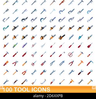 100 Werkzeugsymbole gesetzt. Cartoon Illustration von 100 Tool Icons Vektor-Set isoliert auf weißem Hintergrund Stock Vektor