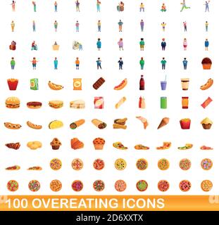 100 übermäßiges Essen Symbole gesetzt. Cartoon-Illustration von 100 überfressende Symbole Vektor auf weißem Hintergrund isoliert gesetzt Stock Vektor