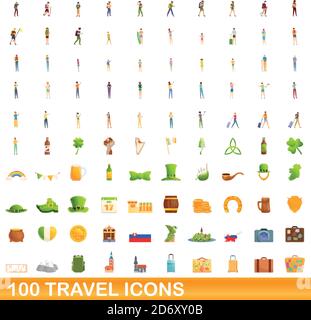 100 Reisesymbole festgelegt. Cartoon Illustration von 100 Reisesymbolen Vektor auf weißem Hintergrund isoliert gesetzt Stock Vektor