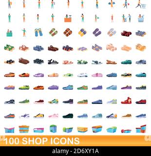 100 Shop Icons Set. Cartoon-Illustration von 100 Shop-Icons Vektor-Set isoliert auf weißem Hintergrund Stock Vektor