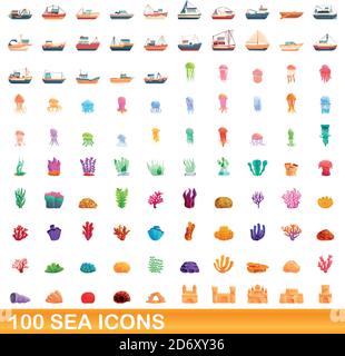 100 SEA-Symbole festgelegt. Cartoon Illustration von 100 SEA Icons Vector auf weißem Hintergrund isoliert gesetzt Stock Vektor