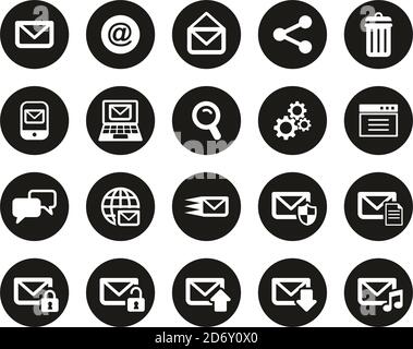 Email Icons Weiß auf Schwarz Flat Design Kreis Set groß Stock Vektor