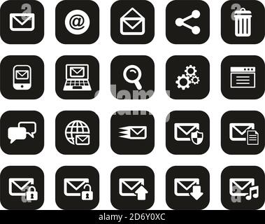 Email Icons Weiß auf Schwarz Flat Design Set groß Stock Vektor