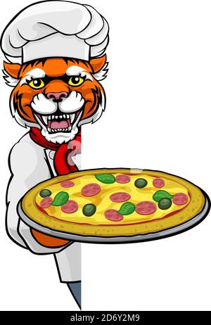 Tiger Pizza Chef Cartoon Restaurant Maskottchen Zeichen Stock Vektor