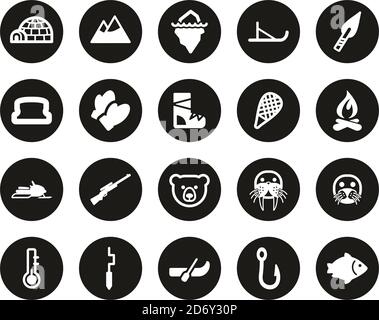 Eskimo Kultur & Tools Icons Weiß Auf Schwarz Flat Design Kreis Groß Stock Vektor