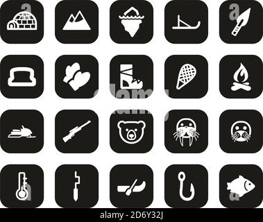 Eskimo Kultur & Tools Icons Weiß Auf Schwarz Flat Design Groß Einstellen Stock Vektor