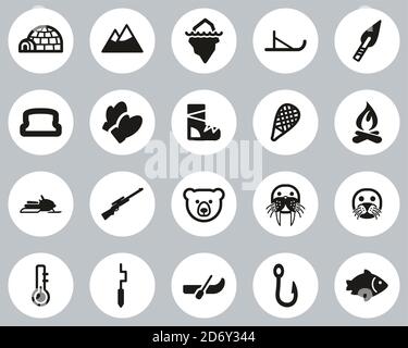 Eskimo Kultur & Tools Icons Schwarz-Weiß Flat Design Kreis Groß Stock Vektor