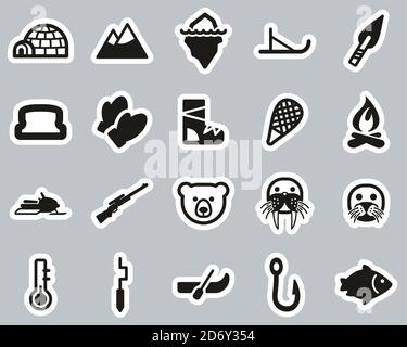 Eskimo Kultur & Tools Icons Schwarz-Weiß Sticker Set Groß Stock Vektor