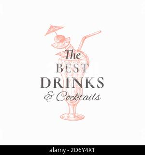 Beste Getränke abstrakte Vektor-Zeichen, Symbol oder Logo-Vorlage. Handgezeichneter exotischer Cocktail mit Trinkpfeifen, Früchten und Regenschirm Skizze mit Typografie Stock Vektor