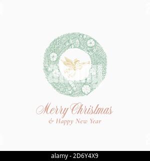 Weihnachts-Skizze Tannenkranz, Schild, Logo, Banner oder Kartenvorlage mit handgezeichneter Angel. Abstrakte Grüße Vektor Illustration mit Typografie Stock Vektor