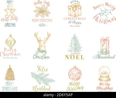 Frohe Weihnachten und ein glückliches neues Jahr abstrakte Vektor-Zeichen, Etiketten oder Logo-Vorlagen Set. Handgezeichnete Holiday Sketch Illustrationen mit Retro Typografie. Stock Vektor