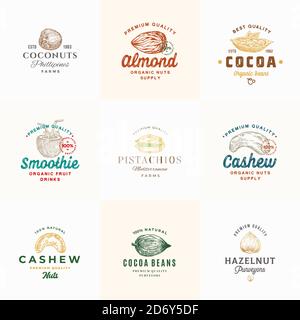 Premium-Qualität Nüsse, Kakao und Kokosnüsse Vektor-Zeichen oder Logo Vorlagen Sammlung. Handgezeichnete Skizzen aus Mandel, Cashew, Pistazie, Haselnuss und Bohnen Stock Vektor