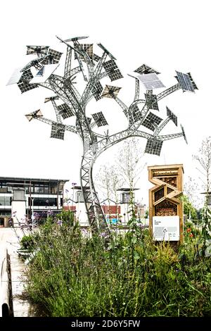 Energy Tree, Millennium Square Bristol England. Diese Skulptur lädt Ihr Telefon kostenlos. Auch abgebildet, Hoverfly Hotel, Holz Bestäuber Insektenhaus. Stockfoto