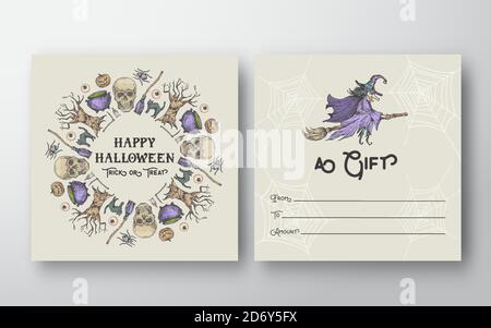 Halloween Abstrakte Vektor Grußkarte Geschenkkarte Hintergrund Vorlage. Design-Layout für Vorder- und Rückseite mit Typografie. Weiche Schatten und Skizzenkürbisse Stock Vektor