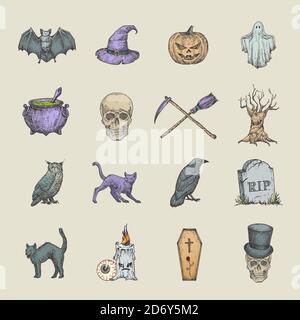 Halloween Illustrationen Kollektion Im Retro-Stil. Handgezeichneter Rabe, Sculls, Katzen, Fledermaus, Hexenhut und Grabstein Sketch Symbole oder Icons Set. Herbstsaison Stock Vektor