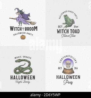 Vintage Style Halloween Logos oder Labels Template Set. Handgezeichnete Hexe, Schlange, Frosch und Wahrsager Ball Sketch Symbols Collection. Retro Stock Vektor