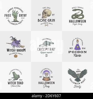 Vintage Style Halloween Logos oder Labels Template Set. Handgezeichnete Hexe, Sculls, Zombie Arm, Ratte, Wahrsager Ball und Zauberreptiles Skizzen Symbole Stock Vektor