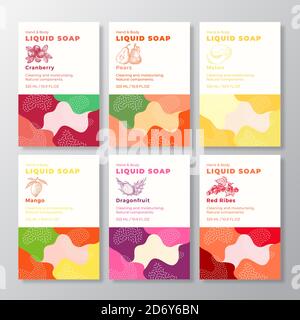 Flüssigseife Paket Etiketten Vorlagen Set. Abstrakte Formen Camouflage Hintergründe. Kosmetik Verpackung Design Collection. Moderne Typografie und Hand Stock Vektor