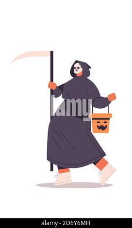 Niedliche Figur steht im grimmigen Reaper Kostüm glückliche halloween-Party Celebration Konzept flach volle Länge isoliert vertikalen Vektor Illustration Stock Vektor