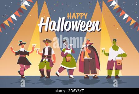 Menschen in verschiedenen Kostümen feiern fröhliche halloween Party Konzept Mix Rennen Männer Frauen mit Spaß Lettering Grußkarte voller Länge Horizontale Vektordarstellung Stock Vektor