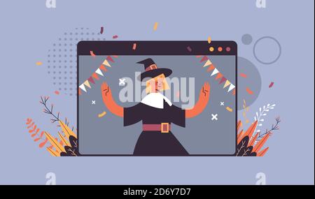 Mädchen im Hexenkostüm feiert fröhliche halloween Urlaub Selbstisolation Online-Kommunikation Konzept Web-Browser-Fenster Porträt horizontale Vektor-Illustration Stock Vektor