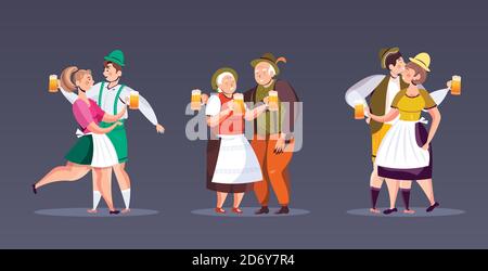 Setzen Sie Menschen in traditionellen Kleidern Bier trinken Feier Oktoberfest Party Männer Frauen mit Spaß volle Länge horizontale Vektor-Illustration Stock Vektor