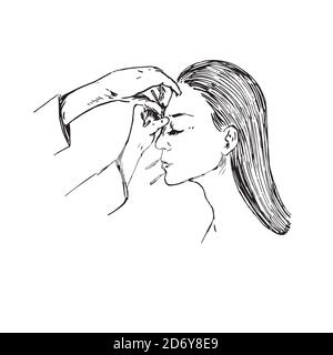 Arzt legen Akupunkturnadeln in schöne Frau Gesicht, handgezeichnete Doodle, Skizze im Pop-Art-Stil, schwarz-weiß medizinische Illustration Stockfoto