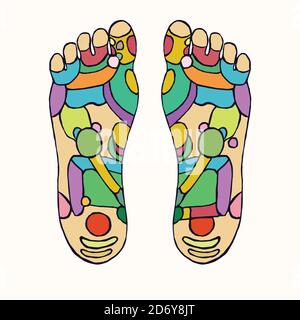 Fußreflexzonenmassage mit bunten Zonen, handgezeichneter Doodle, Skizze im Pop-Art-Stil, medizinische Vektor-Illustration in Farbe Stockfoto