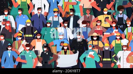 Mix Rennen Menschen verschiedener Berufe zusammen Arbeit Tag stehen Celebration Konzept Männer Frauen tragen Masken zu Coronavirus horizontal zu verhindern vektorgrafik Stock Vektor