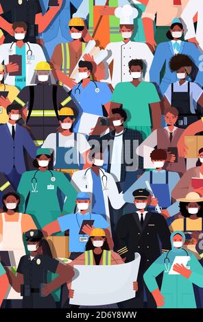 Mix Rennen Menschen verschiedener Berufe zusammen Arbeit Tag stehen Celebration Konzept Männer Frauen tragen Masken, um Coronavirus vertikal zu verhindern vektorgrafik Stock Vektor