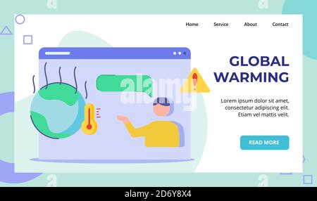 Globale Erwärmung Männer sprechen Erde Thermometer auf Bildschirm Computer Kampagne für Web-Website Startseite Landing Page Vorlage Banner Mit flach Stock Vektor