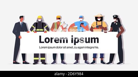 Mix Rennen Menschen verschiedener Berufe halten Kopie Raum Banner Labor Day Feier Konzept Männer Frauen tragen Masken zu verhindern Coronavirus horizontale Vektor-Illustration voller Länge Stock Vektor