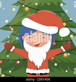 Cute Cartoon Weihnachten Illustration mit weihnachtsbaum und nettes Mädchen trägt weißen Bart. Vektorgrafik. Stock Vektor