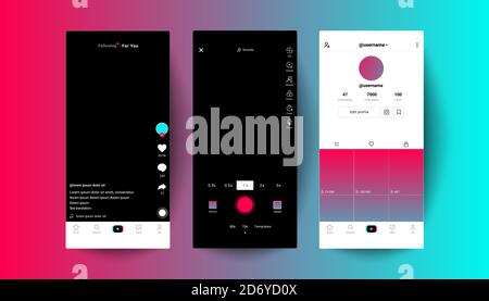 Trendy Tik Tok Bildschirm Schnittstelle mockup und tik tok Symbole in Social Media-Anwendung. Kreative App zum Erstellen und Teilen von Videos. Benutzeroberfläche der Mockup-Anwendungsseite. Ukraine - 20. Oktober 2020 Stock Vektor