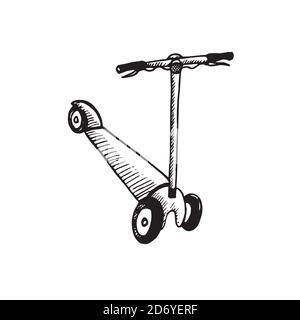 Kick Scooter, handgezeichneter Doodle, Skizze, schwarz-weiße Umrissdarstellung Stockfoto