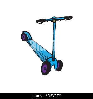 Blue Kick Scooter, handgezeichneter Doodle, Skizze, Farbdarstellung Stockfoto