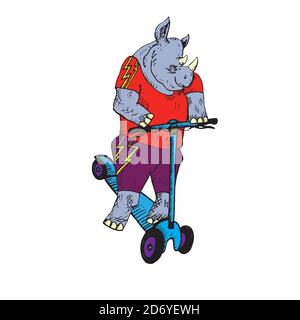 Rhino-Charakter in heller ausgefallener Kleidung auf blauem Kick Scooter, handgezeichneter Doodle, Skizze, Farbdarstellung Stockfoto