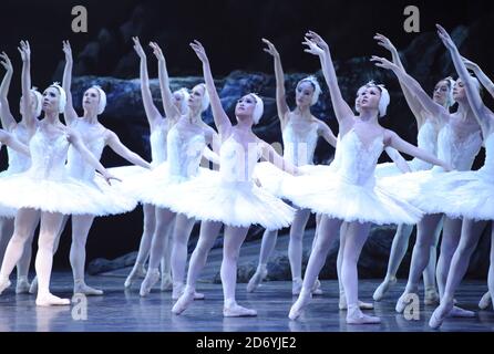 Tänzer führen ausgewählte Auszüge aus der bevorstehenden Produktion von Swan Lake des English National Ballet im Coliseum, St Martin's Lane, London, auf Stockfoto