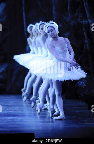 Tänzer führen ausgewählte Auszüge aus der bevorstehenden Produktion von Swan Lake des English National Ballet im Coliseum, St Martin's Lane, London, auf Stockfoto