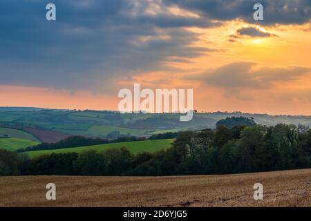 Sonnenuntergang auf den Feldern - Berry Pomeroy Village in Devon In England in Europa Stockfoto