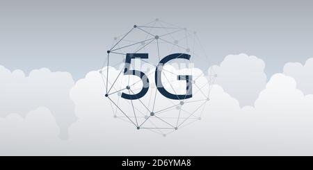 5G Network Label mit Wireframe Globe - High Speed, Broadband Mobile Telecommunication and Wireless Systems Design Concept Stock Vektor