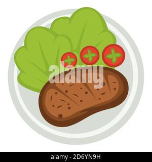 Gegrilltes Fleisch mit Tomatenscheiben und Salatblättern Stock Vektor