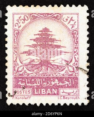 LIBANON - UM 1948: Eine im Libanon gedruckte Briefmarke zeigt Zeder des Libanon, um 1948. Stockfoto